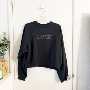 🦋 LEVI'S Black Crop Crewneck Sweater Women’s Size Medium Logo Graphic Casual